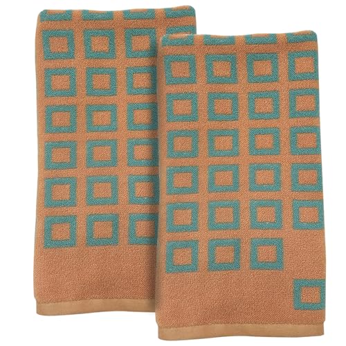 USTIDE 2-Pack Classic Checkered Hand Towels for Bathroom, Soft Absorbent Cotton Kitchen Towels with Green and Orange Pattern, Quick-Dry Gym & Travel Towels for Daily Use