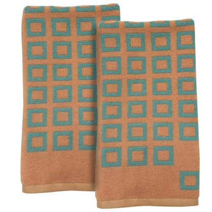 USTIDE 2-Pack Classic Checkered Hand Towels for Bathroom, Soft Absorbent Cotton Kitchen Towels with Green and Orange Pattern, Quick-Dry Gym & Travel Towels for Daily Use