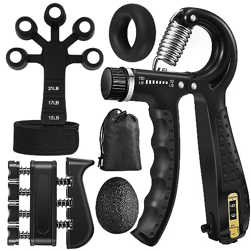 Grip Strength Trainer Kit (5 Pack), Grip and Forearm Strengthener, Finger Strengthener, Adjustable Resistance Hand Gripper, Grip Ring, Stress Relief Ball for Muscle Building, Injury Recover