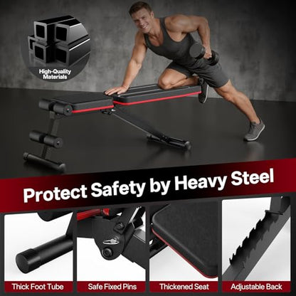 PASYOU Adjustable Weight Bench, Foldable, Incline Decline Flat, Bench Press with 660LBS, 95% Pre-Assembled, Compact Workout Bench Full Body Strength Training Bench for Home Gym, Wider Seat