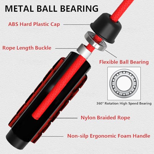 Weighted Jump Rope Nylon Adjustable - Tangle-Free Jump Rope for Women, Men, Kids, and Adults with Foam Handle, Rapid Speed with Ball Bearings, 360° Rotation Jumprope for Exercise, Fitness and Training