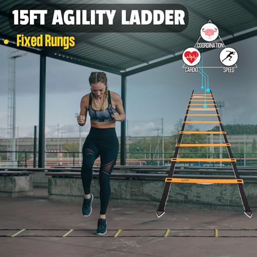 Agility Ladder Full Training Equipment Set, Improves Coordination, Speed, Power and Strength, Includes 10 Cones 4 Hooks and 3 Loop Resistance Bands for Outdoor Workout (Orange)