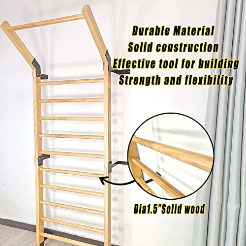 Swedish Ladder,Gymnastics Stall Bar, Wall Mounted Pull Up Bar- Solid Wood With11 Strategic Rods-86.6 Inches Height, 32 Inches Width, Indoor Gym Workout Yoga