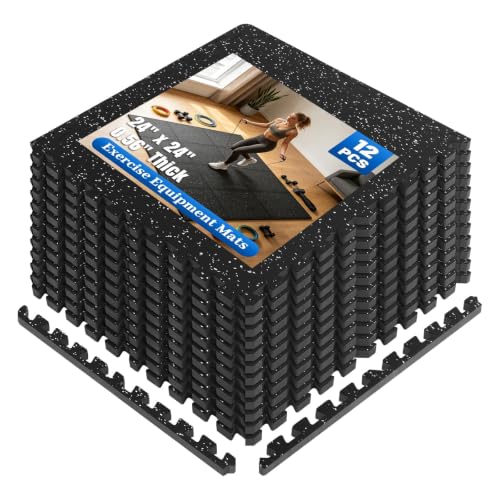 0.56" Thick Rubber Gym Floor Mats, 12 Tiles 48 Sq Ft, Heavy Duty Flooring - size: 12 Tiles (48 Sq Ft)