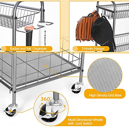 Kinghouse Rolling Sports Equipment Organizer with Wheels, Garage Ball Storage Rack for Basketball, Toys, for Garage, Indoor, Gym, Outdoo, Includes Metal Storage Bin, Bat Holder, Hooks