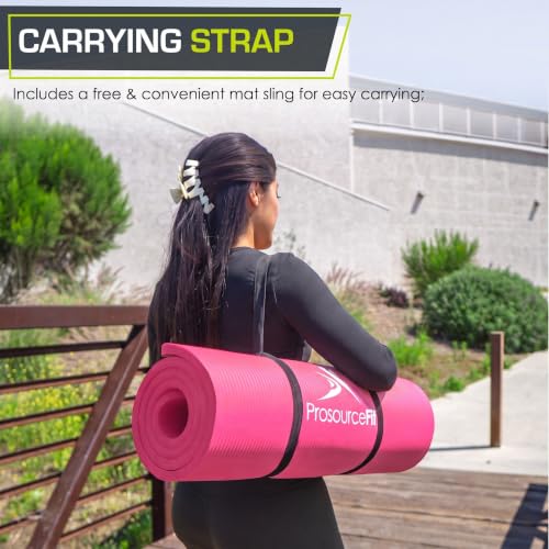ProsourceFit Extra Thick Yoga and Pilates Mat 1/2” (13mm) or 1" (25mm), 71-inch Long High Density Exercise Mat with Comfort Foam and Carrying Strap - color: Pink