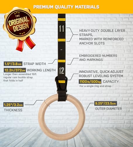 Wood Gymnastics Rings with Quick Adjust Numbered Straps and Exercise Videos Guide - Full Body Workout Rings, Calisthenics, Home Gym (Multi-Size)