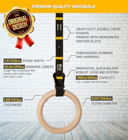 Wood Gymnastics Rings with Quick Adjust Numbered Straps and Exercise Videos Guide - Full Body Workout Rings, Calisthenics, Home Gym (Multi-Size)