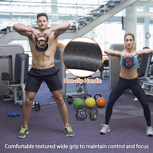 JupiterForce Wide Grip Kettlebell Sets 4 Piece Strength Training KettleBells Weights Set 5lb, 10lb, 15lb, 20lb HDPE Coated Concrete Kettle Bell for Women&Men for Full Body Workout, Exercise Fitness, Home Gym