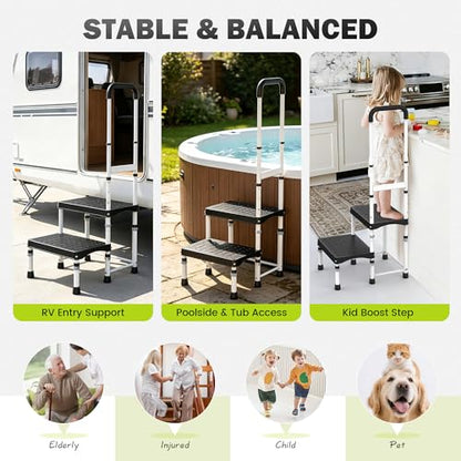 RV Step Stool with Handle for Elderly,2 Step Ladder with Handrail, Reinforced PP Wide Platform, Adjustable Height, Portable Stairs for Hot Tub/Camper/Mobile Home/Porch/SPA Pool/Pet Stairs - size: 2 Steps-Adjustable Height
