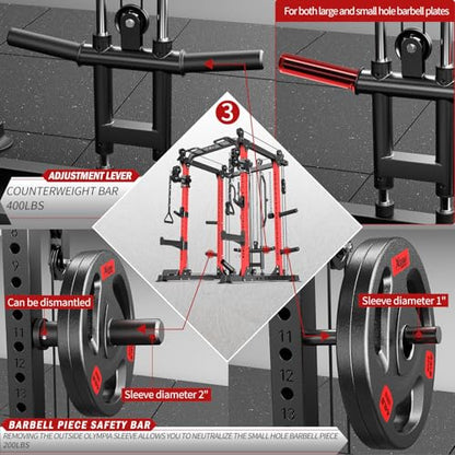 Power Cage Multi-Function Power Rack with Cable Crossover System,1500 LBS Capacity Squat Rack with Weight Bench,for Home Gym