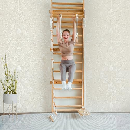 Avenlur Betula Swedish Wall Ladder for Kids – Indoor Wooden Climbing Gym with Slide, Swing, Rope Ladder & Pull-Up Bar – Montessori Wall Gym for Strength, Coordination & Active Play (Ages 3+) (95") - size: 95"