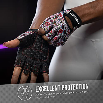 Contraband Pink Label 5237 Designer Series Workout Gloves for Women | Sugar Skull Print Weight Lifting Gloves for Women w/Grip-Lock Padding | Gym Gloves for Women w/Medium Padding (White, Large)