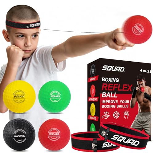 SQUAD Boxing Reflex Ball Set - 4-Level Reaction Balls + Adjustable Headband - Train Speed, Timing & Hand-Eye Coordination - Safe Fun for Kids & Adults - Boxing/MMA/Krav MAGA Home Workout Gift