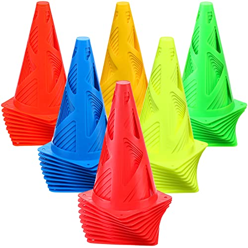 60 Pieces Plastic Agility Cones, 9 Inch Indoor Outdoor Training Sport Cone, Soccer Flexible Cone Sets Marker Cones for Kid Dog Training, Party, Drills, Basketball, Soccer - color: Assorted Colors