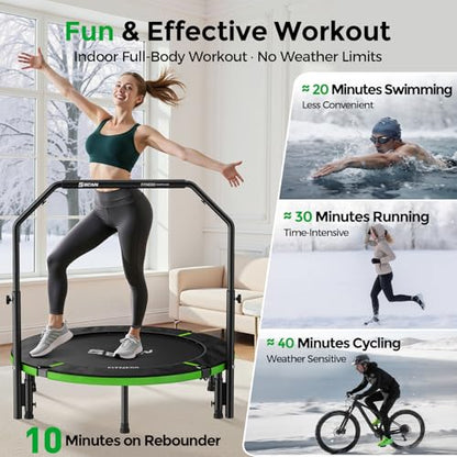 BCAN SP3 40/48" Exercise Rebounder Trampoline for Adults, Handlebar, Indoor - color: 40IN-U-Handle-Green