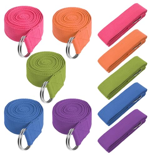 10 Pcs Yoga Strap for Stretching Bulk 8 Ft Cotton Polyester Stretch Band with Metal D Ring Adjustable Non Elastic Yoga Stretching Strap Bulk for Pilates Dance Gym Workout Physical Therapy (Multicolor)