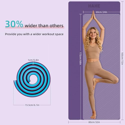 HAHE Extra Thick Yoga Mat, 72"Lx32"Wx0.4"Th (10mm), Wide Non-slip Exercise Mats with Carry Strap, Double-Sided POE Fitness Mat for Yoga, Pilates & Floor Workouts - color: Purple+Sky Blue