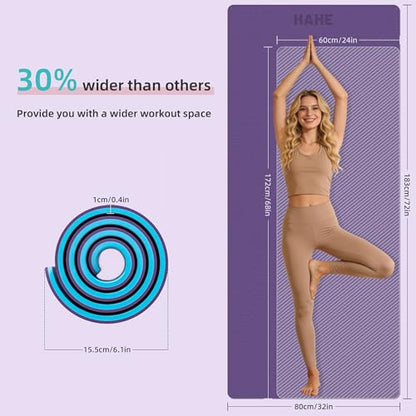 HAHE Extra Thick Yoga Mat, 72"Lx32"Wx0.4"Th (10mm), Wide Non-slip Exercise Mats with Carry Strap, Double-Sided POE Fitness Mat for Yoga, Pilates & Floor Workouts - color: Purple+Sky Blue