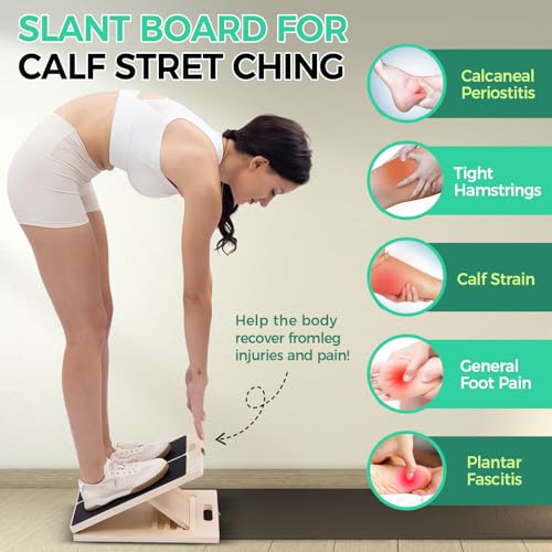 Slant Board for Calf Stretching, 5 Angle Portable Adjustable Calf Wooden Stretch Board with Training Poster, 300lb Weight Capacity for Ankle Heel Feet Leg Knees Physical Therapy Equipment