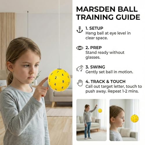 Yellow Marsden Ball for Visual Tracking & Cognitive Drills – Numbered Training Ball on a String with Hooks – High Contrast Vision Tool for Hand Eye Coordination & Reflex Speed