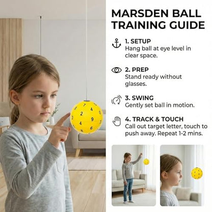 Yellow Marsden Ball for Visual Tracking & Cognitive Drills – Numbered Training Ball on a String with Hooks – High Contrast Vision Tool for Hand Eye Coordination & Reflex Speed