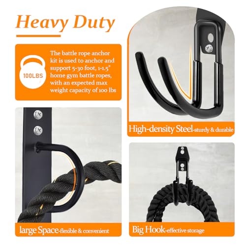 Battle Rope Anchor Kit Wall Mount, Set With Workout Wall Anchor And Rope Hook For 30-50 Feet, 1-2.5" Battle Ropes For Home Gym, Battle Rope Wall Mount Holder, Heavy Duty Gym Storage Rack - size: Small