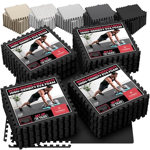 bemaxx Gym Mats Set - 48 pcs EVA Interlocking Foam Floor Tiles (24.4"x24.4"x0.4") 192 sqft Protective Gym Flooring Sports Home Workout Exercise Mats Puzzle Garage Fitness Play-Room Pool Treadmill Bike