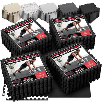 bemaxx Gym Mats Set - 48 pcs EVA Interlocking Foam Floor Tiles (24.4"x24.4"x0.4") 192 sqft Protective Gym Flooring Sports Home Workout Exercise Mats Puzzle Garage Fitness Play-Room Pool Treadmill Bike