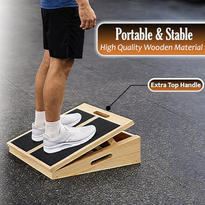 Wooden Slant Board for Exercise, Adjustable Slant Board Wide for Legs, Knees & Ankle Stretching, 450 Lbs Weight Capacity, Wooden Calf Stretch Board with Side Support & Top Handle