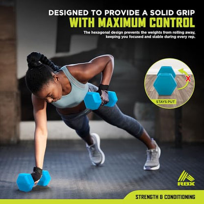 RBX Vinyl Coated Hand Weight Dumbbell Set - Hex Shaped, Roll Free for Body Building/Sculpting/Strength Training Exercise, (Set of 2) - color: Aqua, size: 2lb