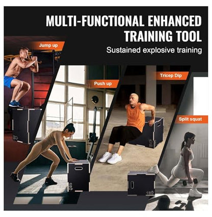 Plyometric Jump Box - 24/20/16 Inch Wooden Plyo Box - Adjustable Fitness Platform for Home Gym, Strength Training & Agility Drills - Black
