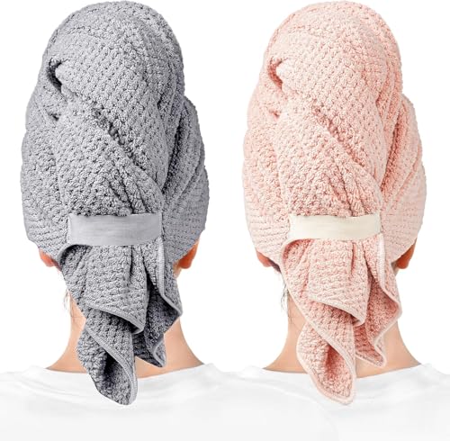Microfiber Hair Towel Wrap Turban 2 Pack Large | Super Absorbent Quick Dry & Anti-Frizz for Women with Curly Hair | 27.5" x 39.4" Hair Towel Cap - color: Pink Dark Grey, size: 39.4*27.5 Inches