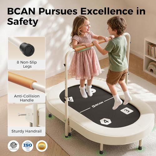 BCAN BT6 56IN 2-Person Kids Trampoline, Safe-Elastic Band Foldable Frame Trampoline for Kids 1-8, ASTM Certified-Toddler Trampoline Indoor with Adjustable Stable Handlebar, Load 220lbs