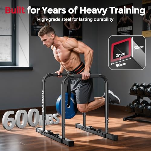 SPORTSROYALS DP2 Dip Station, 600LBS Heavy Duty Dip Bar, Height & Width Adjustable Dip Bar Station, Parallel Bars with Dual-Sided Connectors, Calisthenics Equipment for Full Body Strength Training