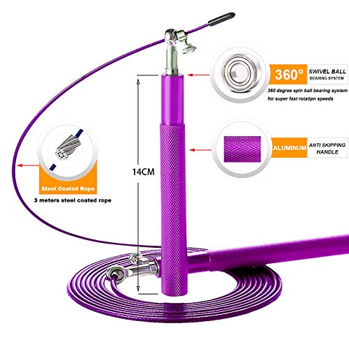 Speed Jump Rope - 360° Swivel Ball Bearing - Adjustable steel coated rope-Aluminum Anti Skipping Handle -Fitness Training Boxing Sports Exercises -Suitable for Kids and Adults - color: Purple