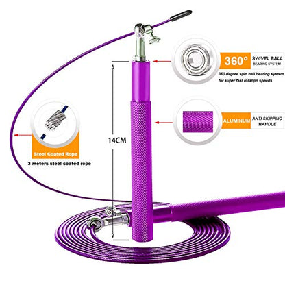 Speed Jump Rope - 360° Swivel Ball Bearing - Adjustable steel coated rope-Aluminum Anti Skipping Handle -Fitness Training Boxing Sports Exercises -Suitable for Kids and Adults - color: Purple