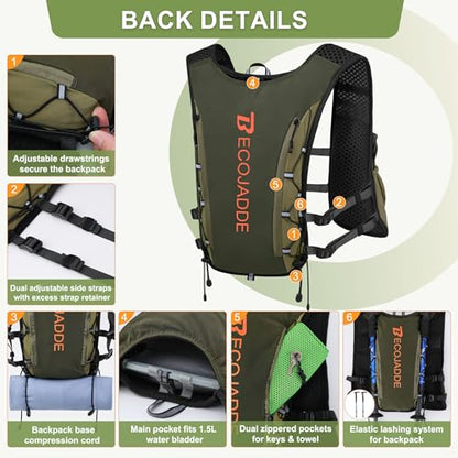 BECOJADDE Running Vest for Women Men, 5L/6L Lightweight Hydration Backpack Running Pack for Marathon, Trail, Cycling, Hiking, Jogging - color: Olive Green