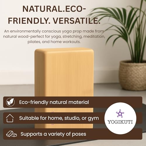 Yogikuti Bamboo Yoga Block | Premium Natural Wooden Support Block for Iyengar Yoga, Pilates & Stretching | Eco-Friendly, Non-Slip, Lightweight & Durable Yoga Prop for Balance, Flexibility & Alignment