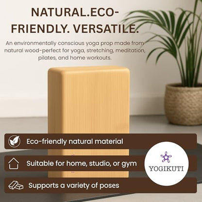 Yogikuti Bamboo Yoga Block | Premium Natural Wooden Support Block for Iyengar Yoga, Pilates & Stretching | Eco-Friendly, Non-Slip, Lightweight & Durable Yoga Prop for Balance, Flexibility & Alignment