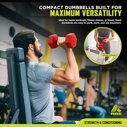 RBX Vinyl Coated Hand Weight Dumbbell Set - Hex Shaped, Roll Free for Body Building/Sculpting/Strength Training Exercise, (Set of 2) - color: Red, size: 5lb