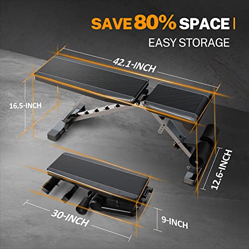 Adjustable Weight Bench, Full Body Workout Bench for Home Gym, Multi-Purpose Small Lightweight Bench with Workout Poster & Resistance Bands, Folding Weight Bench Super Easy Assembly