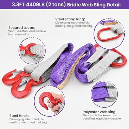 Lifting Slings Straps with Hooks - 3.3 FT, 4409LB Pounds Capacity, Polyester Bridle Sling, Heavy Duty Two Leg Rigging Strap for Engines, Cranes, Hoists, Truck