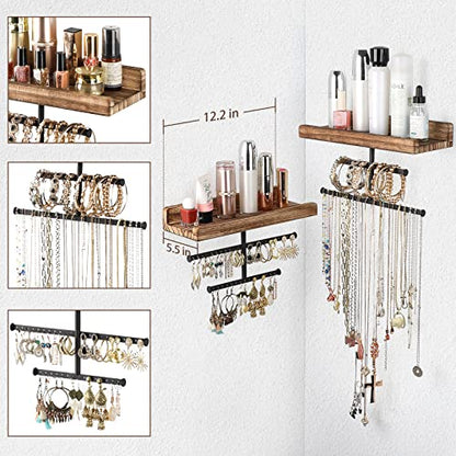 Hanging Wall Mounted Jewelry Organizer with Rustic Wood Jewelry Holder Display for Necklaces Bracelet Earrings Ring Set of 2 Carbonized Black,[Patented] - color: Carbonized Black
