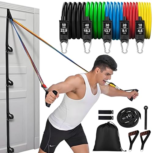 Resistance Bands, Exercise Bands Set with Door Anchor, Multi Point Door Anchor for Home Gym Equipment, Stackable up to 150LBS, for Strength Training, Physical Therapy, Full Body Workout
