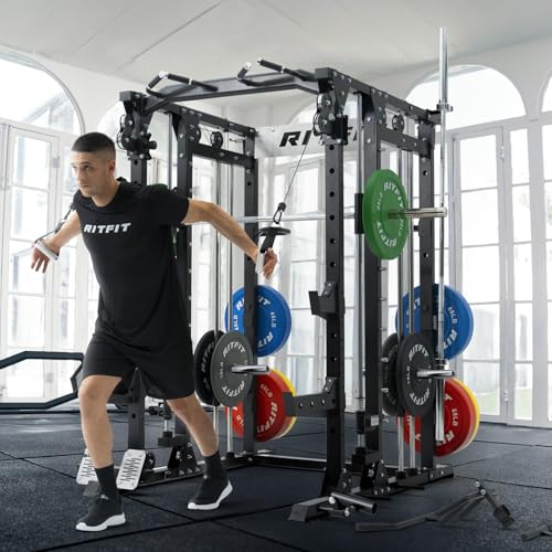 RitFit Buffalo Smith Machine, Power cage with LAT-Pull Down System & Cable Crossover System, All-in-One Squat Rack for Home Gym, Power Rack - color: BLACK, size: Package(With BP370)