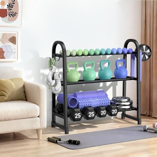 3 Tier Dumbble Rack - 360LB Capacity Adjustable Dumbbell Storage Rack Space-Saving Home Gym Weight Rack For Dumbbells And Kettlebells With Hooks (Dumbbell Rack Stand Only) - size: 29.96''Length