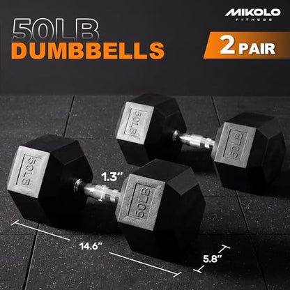 Mikolo Dumbbell Sets with Rack, Rubber Hex Dumbbells, Multiple Choices in 160/200/380/450/550LB, Hand Weights with Chrome Handle for Strength Training - style: 50LB PAIR