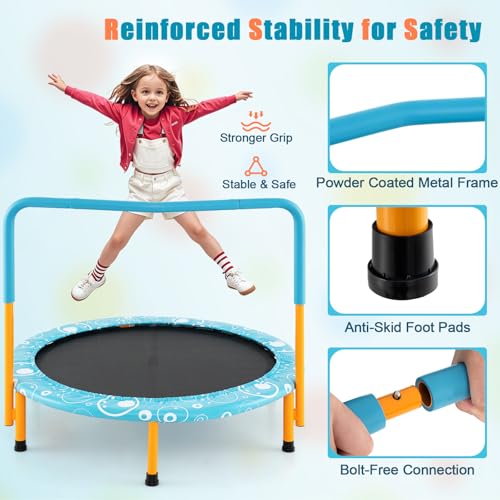 GYMAX Indoor Trampoline, 36” ASTM Approved Kids Trampoline with Removable Handrails & Safety Pad, Spring-Free Folding Mini Rebounder, Small Fitness Trampoline for Toddler/Adults