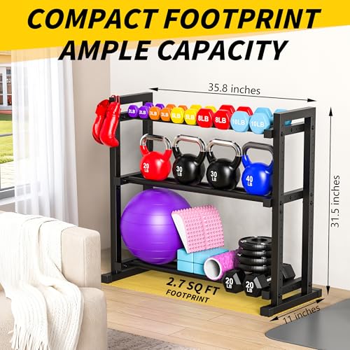3-Tier Adjustable Dumbbell Rack, Weight Rack for Home Gym Storage, Heavy Duty Weight Stand for Dumbbells, Kettlebells & Free Weights, Space-Saving Dumbbell Rack Stand Only(Up to 450LB Capacity)